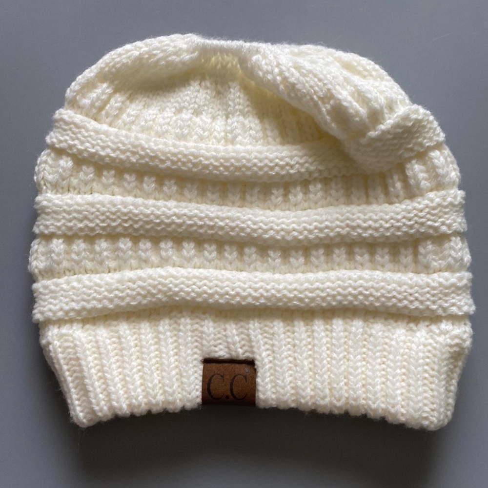 C.C Soft Stretch Cable Knit Messy Bun Ponytail Beanie Winter Hat